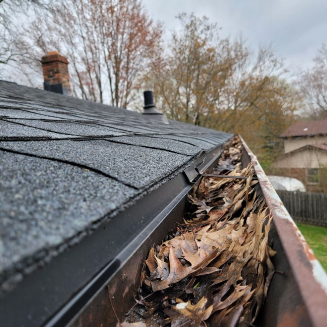 Gutters clogged with dry leaves in Indiana