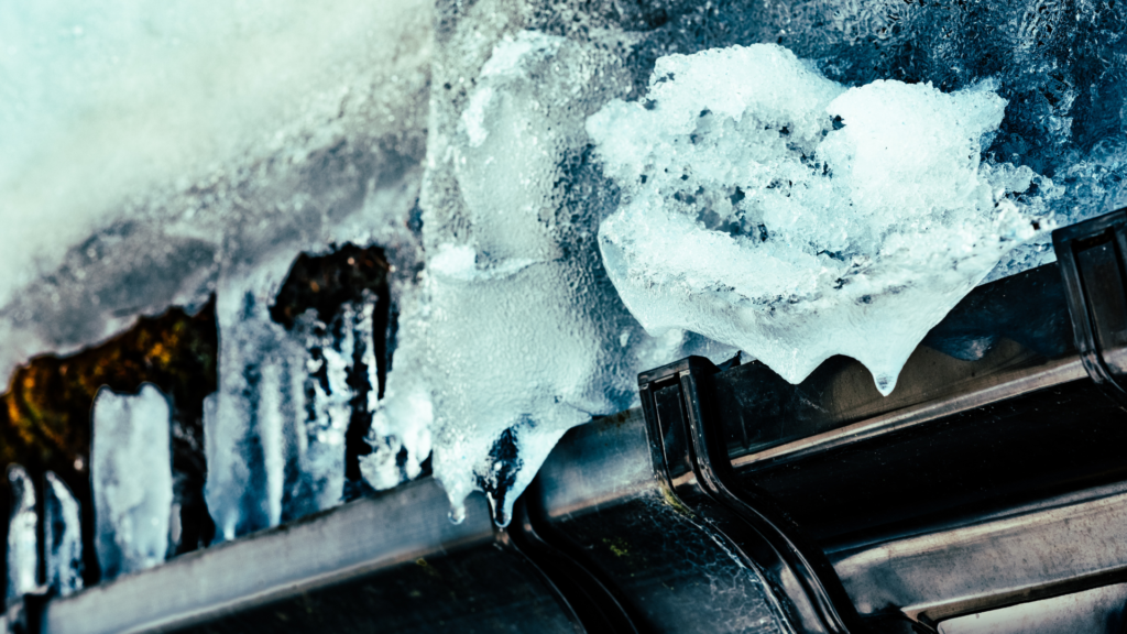 Frozen gutter in the winter time